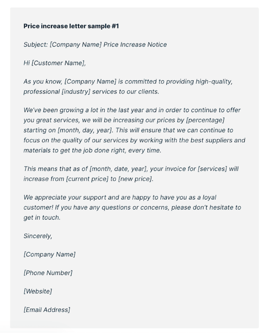 business planning checklist for contractors - price letter increase example