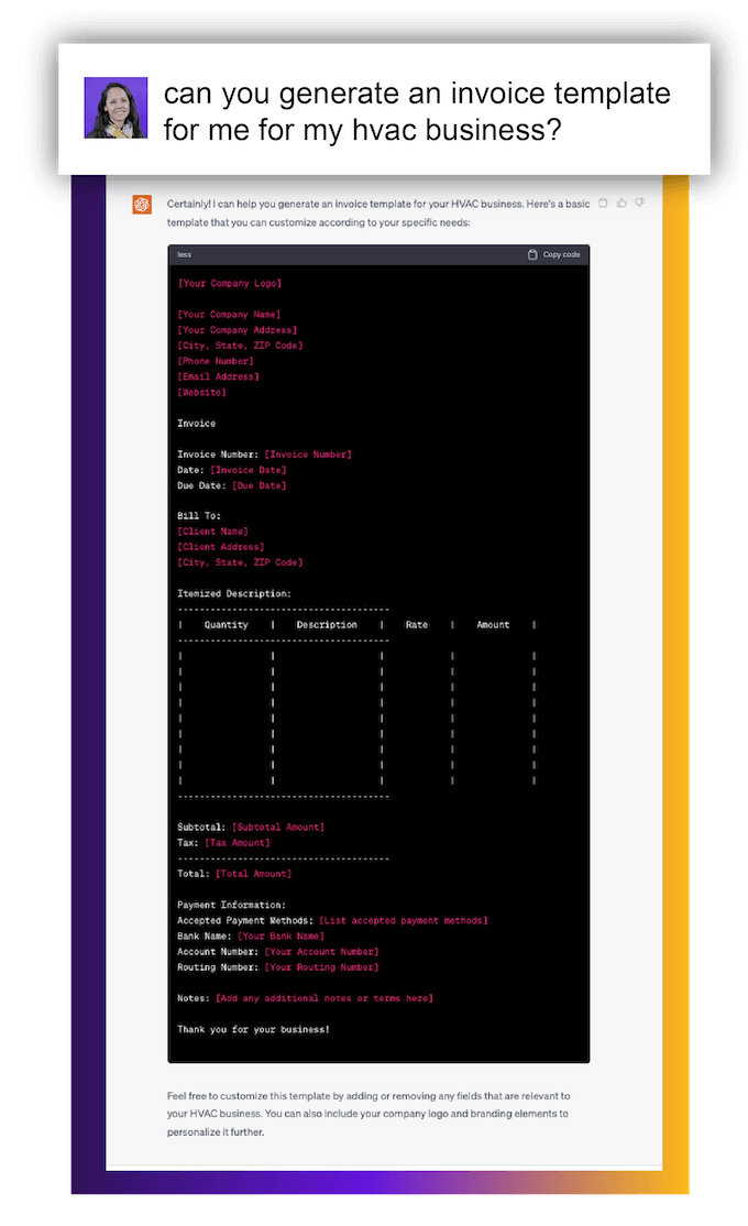 how to use chatgpt for hvac business - example prompt to generate an invoice