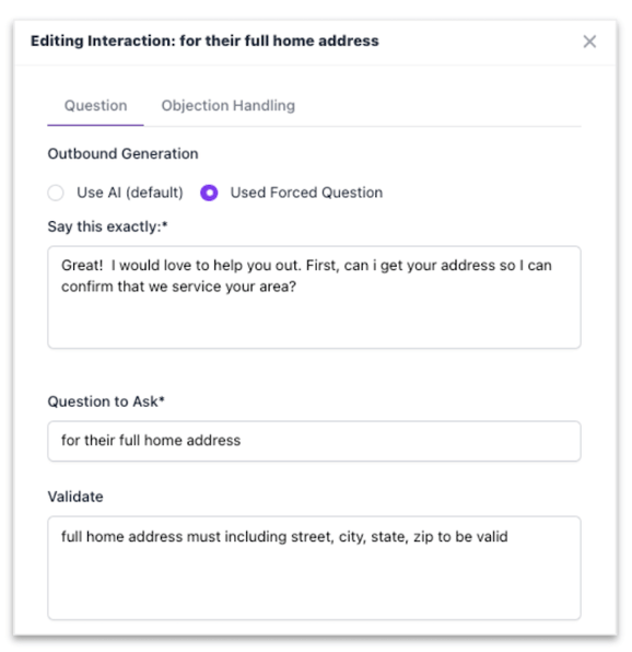 hatch ai setup - interaction example using forced question