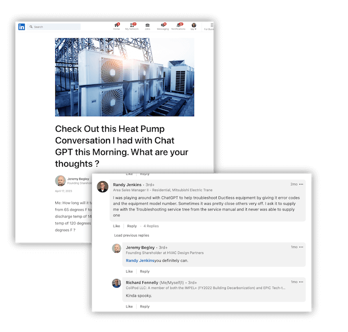 linkedin thread on example heat pump conversation with chatGPT