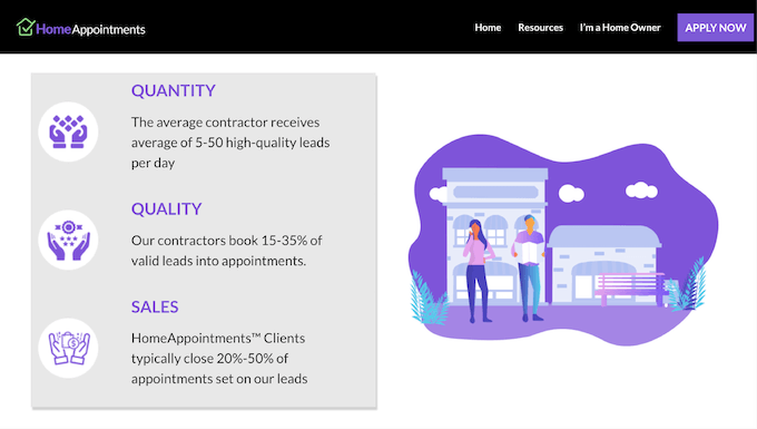 how to choose a lead aggregator - home appointments website showing expectations