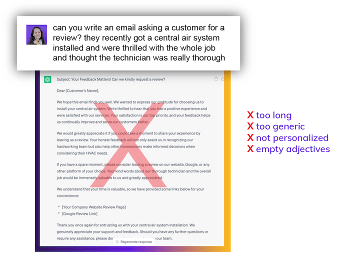 how to use chatgpt for home improvement businesses - example of using it to request a review