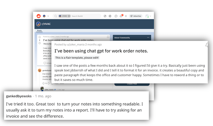 how to use chatgpt for home improvement businesses - reddit post on using it for work order notes