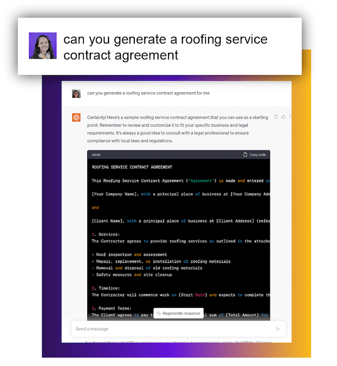 example of using chatgpt for roofing contract agreement