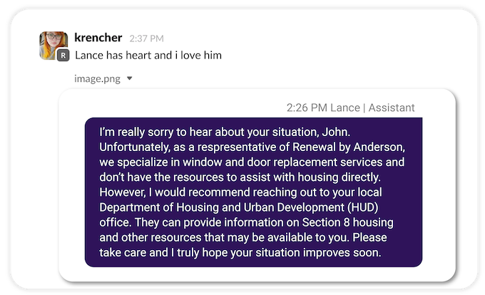 renewal by andersen + hatch ai success story - example of AI bot being empathetic