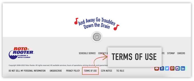 terms of use example in website footer