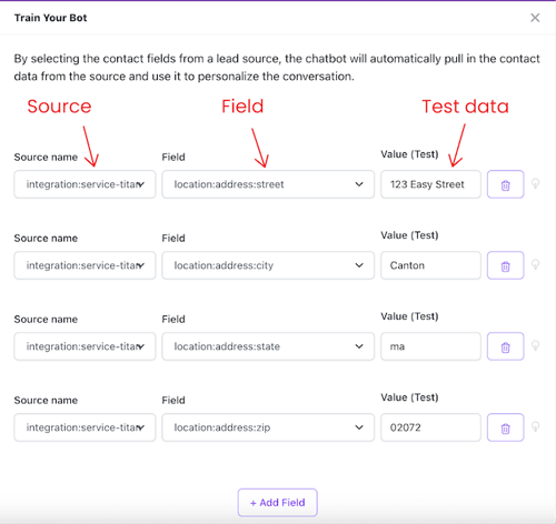 hatch conversational ai texting - train your bot feature - source, field, and test data input