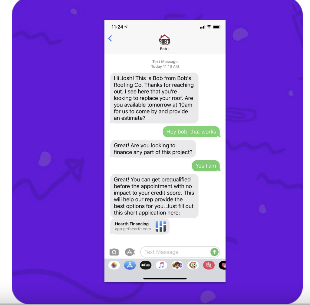 Text message including a link for financing options